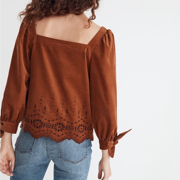 Madewell Embroidered Eyelet Corduroy Tie-Sleeve Top Small Rust Color Scalloped - Picture 3 of 7